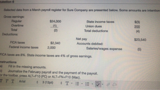uestion 6 200 Selected data from a March payroll register for Sure Company are presented below. Some amounts are intention G