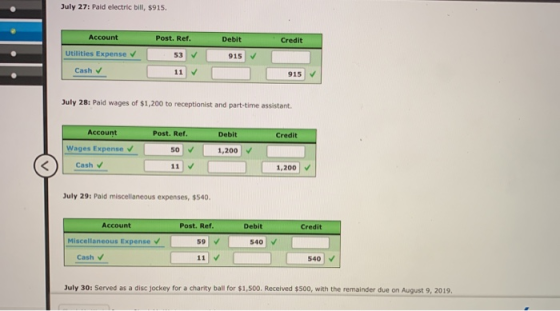 July 27: Paid electric bill, $915. Account Post. Ref. Debit Credit Utilities Expense v 53 915 Cash v 11 V 915 July 28: Paid w