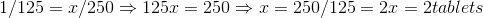 1/125 = 1/250 125.r = 250 = I= 250/125 = 2.1 = 2tablets
