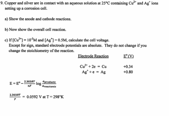 9. Copper and silver are in contact with an aqueous solution at 25°C containing Cu2+ and Ag+ ions setting up a corrosion cell