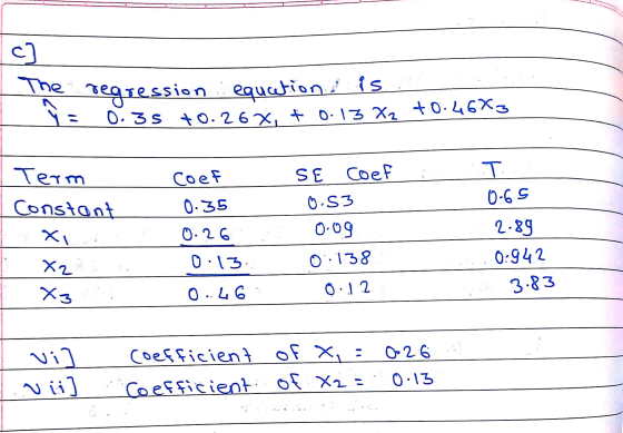 c] The regression equation is 0.35 +0.26 x; t 0.13 X2 +0.46%3 Coef SE Coef Term Constant T 0-65 0.35 0.53 Xi 0.26 0.09 0:138