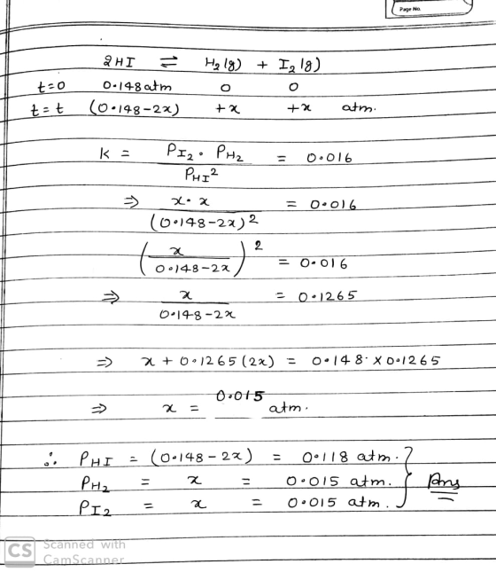 Page No + t=0 Z- t 2HI = 0.148 atm (0148-22) Hz 18) 0 + x I, 18) 0 + atm = 0.016 k = S -3 PIz• PH₂ PHI? 2.2 (00148-23)2 = 001