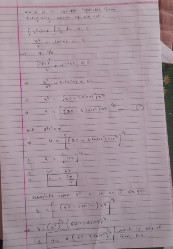 which is in variable separable form. Integrating above eq we get . fredx+ ft dn ac M + enim) - C put v= 4x +3 en (n) = 36. 21