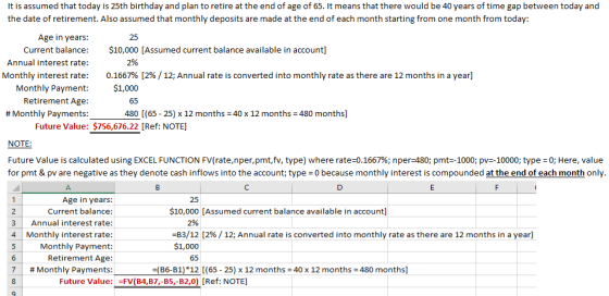 it is assumed that today is 25th birthday and plan to retire at the end of age of 65. It means that there would be 40 years of time gap between today and the date of retirement. Also assumed that monthly deposits are made at the end of each month starting from one month from today Age in years: Current balance: Annual interest rate: Monthly interest rate: Monthly Payment: Retirement Age: # Monthly Payments 25 $10,000 [Assumed current balance available in account] 0.1667% [2%/ 12: Annual rate is converted into monthly rate as there are 12 months in a year] $1,000 480 [(65 - 25) x 12 months 40 x 12 months 480 months] Future Value: $756,676.22 [Ref: NOTE NOTE Future Value is calculated using EXCEL FUNCTION FV(rate,nper,pmt,fv, type) where rate-o1667%; nper-480; pmt-1000; pv=-10000, type =0; Here, value for pmt & pv are negative as they denote cash inflows into the account; type 0 because monthly interest is compounded at the end of each month only Age in years: Current balance: 3 Annual interest rate: 4 Monthly interest rate: Monthly Payment Retirement Age: 25 $10,000 [Assumed current balance available in account] -83/12(2% / 12; Annual rate is converted into monthly rate as there are 12 months in a year] $1,000 7 | # Monthly Payments:-(B&B1) *12[(65-25) x 12 months-40 x 12 months-480 months] Future Value:FV(B4,B7,-B5,-B2,0) [Ref: NOTE]
