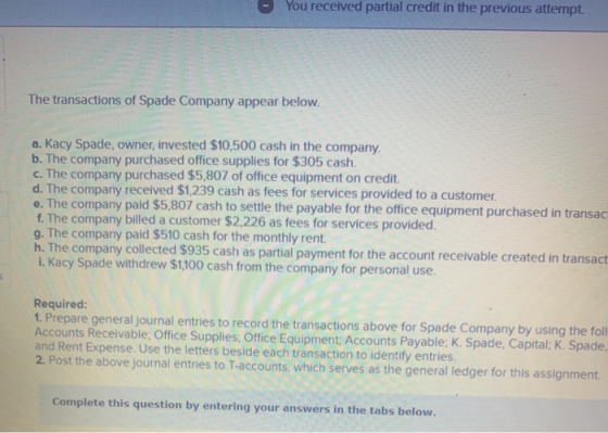You received partial credit in the previous attempt The transactions of Spade Company appear below. a. Kacy Spade, owner, inv