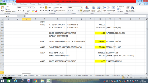 Home nert Page Layout Formulas Data Review View dd-Ins s Cut aCopy Σ AutoSum Wrap Text B 1 프 . Ej-., Δ. : r-ー 逻锂函Merge & Center. $, % , 弼鼎Conditional Format . Cell Insert Delete Format Sort &Find & Format Painter Formatting as Table Styles2 Clear Clipboard Alignment Number Cells Edting N116 98 monk ANS 1 AT 96 % CAPACITY AT 100% CAPACITY FIXED ASSETS FIXED ASSETS 395000 411458.33 (395000 100/96) 100 101 102 103 104 105 106 107 108 109 110 FIXED ASSETS TURNOVER RATIC 4.18 (1720000/411458.33) (SALES/FIXED ASSETS) ANS 2 SALES AT CURRENT LEVEL OF FIXED ASSETS 1791667 1720000 100/96 ANS 3 TARGET FIXED ASSETS TO SALES RATIO 22.05% 395000/|791667 ANS 4 NEXT YEAR SALES FIXED ASSETS REQUIRED 2046800 1720000 1.18 470050 (2046800/1791667)*411458.33) 4.35 (2046800/470050) 112 113 114 115 116 ANS 5 FIXED ASSETS TURNOVER RATIO . . 14 ‘ | YIELD SPOT Sheet2 AFN BANKING . NO TE BIDDING, UNDERWRITING EUAC AW PM LIFE LP, Ip, MRP, INFLATION YIELD WARRAN Trefund bond CLEAN INVOICE PRICE erences: GC323 02:17