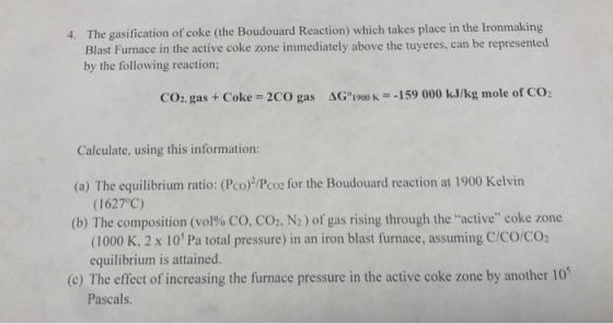 4. The gasification of coke (the Boudouard Reaction) which takes place in the Ironmaking Blast Furnace in the active coke zon