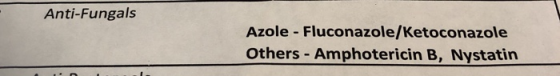 Anti-Fungals Azole - Fluconazole/Ketoconazole Others Amphotericin B, Nystatin