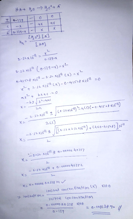 HAT Ho - Hot + I o.129 Elo-129- T +X X 1-1 X 1 X [Hot] [A] Ka [HA] 2-32x104, X 0.179- 2-32 x10 (0-179-x) = x2 0.41528x10 - 2