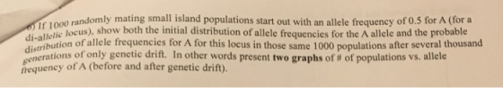 0oo randomly mating small island populations start out with an allele frequency of 0.5 for A (for a c locus), show both the initial distribution of allele frequencies for the A allele and the probable ที่ไ f 1000 dictribution of allele frequencies for A for this locus in those same 1000 populations after several thousand eneration sofonly genetic drift. In other words present two graphs of #Of populations vs. allele frequency of A (before and after genetic drift)