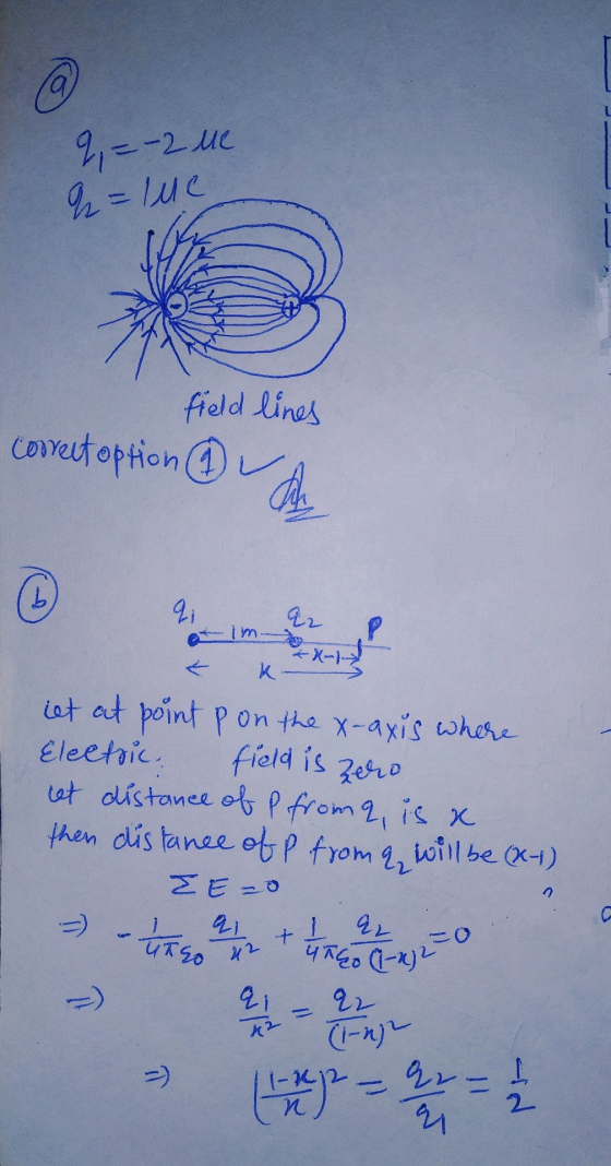 9,=-2 ue q=lue field lines correct option & qi 22 p anim- & ko let at point p on the x-axis where Electric field is zero let