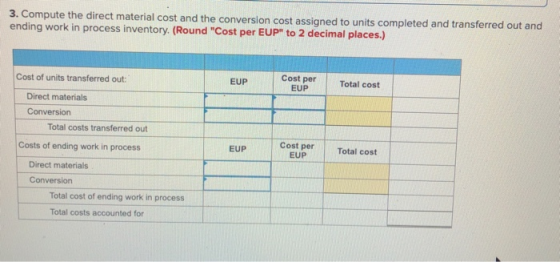 3. Compute the direct material cost and the conversion cost assigned to units completed and transferred out and ending work i