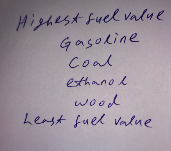 Highest fuel value Gasoline coal ethanol wood full value Least