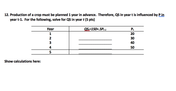 12. Production of a crop must be planned 1 year in advance. Therefore, QS in year t is influenced by Pin year t-1. For the fo