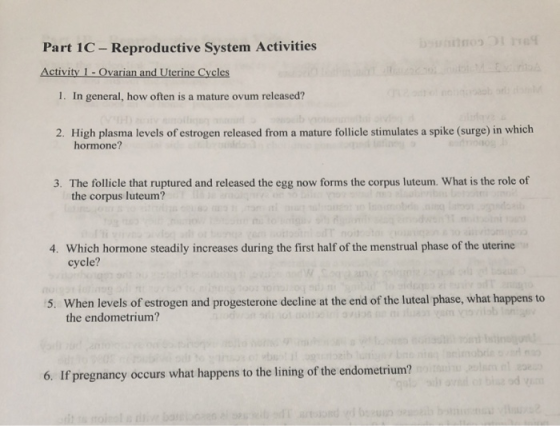 Part 1C - Reproductive System Activities DOLFO Activity 1 - Ovarian and Uterine Cycles 1. In general, how often is a mature o