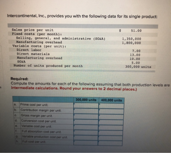 Intercontinental, Inc., provides you with the following data for its single product: 51.00 1,350,000 1,800,000 Sales price pe