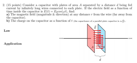 2. (15 points) Consider a capacitor with plates of area A separated by a distance d being fed current by infinitely long wire