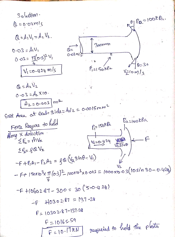 Solection. Q = 0.03mis olla lookfa. Q=A, V, = A2 V2. 3corn 0.03 = AV, 0.03 = || (0-3)2 V, Q- 003ml 4 Pizisokpa Vi=0-424 mis 0