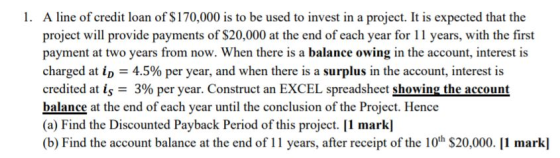 1. A line of credit loan of $170,000 is to be used to invest in a project. It is expected that the project will provide payme