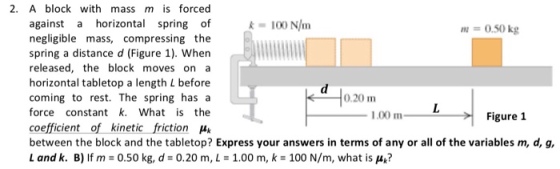 2. A block with mass m is forced against a horizontal spring of 100 N/m negligible mass, compressing the spring a distance d (Figure 1). When released, the block moves on a horizontal tabletop a length L before coming to rest. The spring has a force constant k. What is the coefficient of kinetic friction between the block and the tabletop? Express your answers in terms of any or all of the variables m, d, g, L and k. B) If m = 0.50 kg, d= 0.20 m, L = 1.00 m, k = 100 N/m, what is μ m 0.50 kg 0.20 m 1.00 m Figure 1