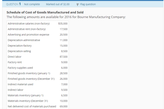 QUESTION 1 Not complete Marked out of 32.00 Flag question Schedule of Cost of Goods Manufactured and Sold The following amounts are available for 2016 for Bourne Manufacturing Company: Administrative salaries (non-factory) Administrative rent (non-factory) Advertising and promotion expense Depreciation-administrative Depreciation-factory Depreciation-selling Direct labor Factory rent Factory supplies used Finished goods inventory (January 1) Finished goods inventory (December 31) Indirect material used Indirect labor Materials inventory (January 1) Materials inventory (December 31) Net delivered cost of materials purchased $35,000 17,500 20,500 11,000 15,000 8,500 87,500 9,000 6,000 28,500 26,000 7,000 9,500 6,500 10,000 69,000