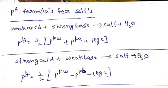 pH formulas for salts weak acid + strong borse - salft ito pH = Ź [pkw tpka + log c] strong acidt weakbase - salf tif o i p