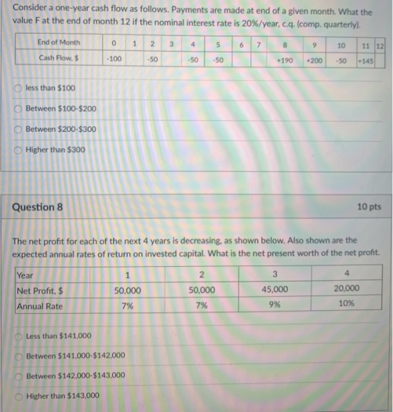 Consider a one-year cash flow as follows. Payments are made at end of a given month. What the value F at the end of month 12