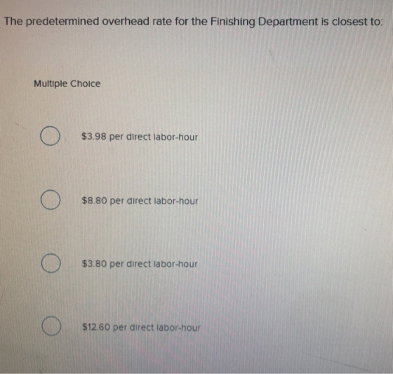 The predetermined overhead rate for the Finishing Department is closest to: Multiple Choice o $3.98 per direct labor-hour o s