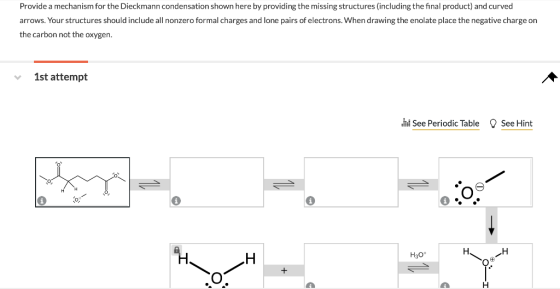 Provide a mechanism for the Dieckmann condensation shown here by providing the missing structures (including the final produc
