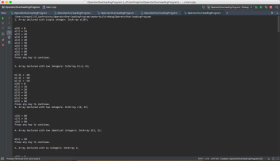 OperatorOverloadingProgram [-/CLionProjects/Operat Program] - .main.cpp gProgrammai.pp Debuga /Users/ swapnil/CLionProjects/0