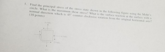Find the principal stress of the stress state shown in the following figure using the Mohrs circle. What is the maximum shear stress? What is the surface traction at the surface with a normal direction which is 45 counter clockwise rotation from the original horizontal axis? (10 points) 1.
