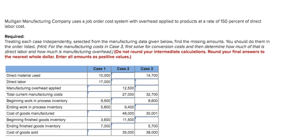 Mulligan Manufacturing Company uses a job order cost system with overhead applied to products at a rate of 150 percent of dir