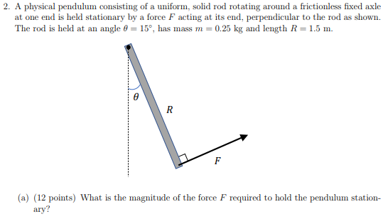 2. A physical pendulum consisting of a uniform, solid rod rotating around a frictionless fixed axle at one end is held statio