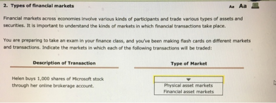2. Types of financial markets Aa Aa Financial markets across economies involve various kinds of participants and trade various types of assets and securities. It is important to understand the kinds of markets in which financial transactions take place You are preparing to take an exam in your finance class, and youve been making flash cards on different markets and transactions. Indicate the markets in which each of the following transactions will be traded: Description of Transaction Type of Market Helen buys 1,000 shares of Microsoft stock through her online brokerage account. Physical asset markets Financial asset markets