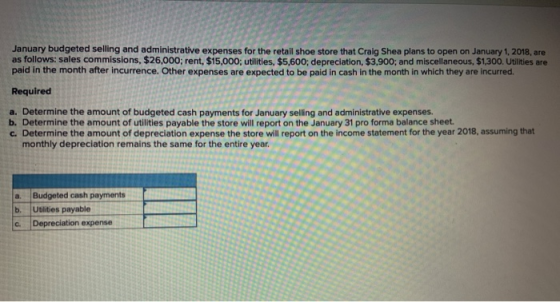 January budgeted selling and administrative expenses for the retail shoe store that Craig Shea plans to open on January 1, 20
