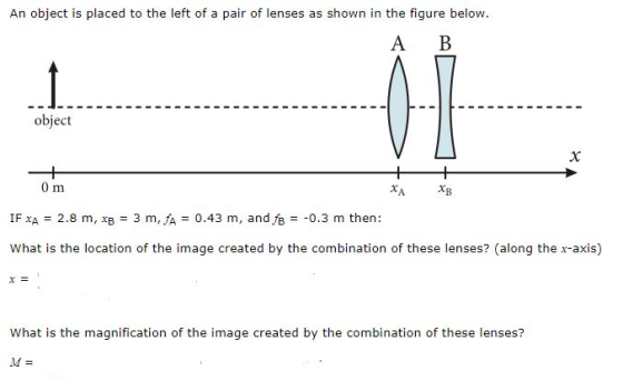 An object is placed to the left of a pair of lenses as shown in the figure below A B object 0 m ХА ХВ IF xA 2.8 m, xB 3 m, A0.43 m, and fB0.3 m then: What is the location of the image created by the combination of these lenses? (along the r-axis) What is the magnification of the image created by the combination of these lenses?