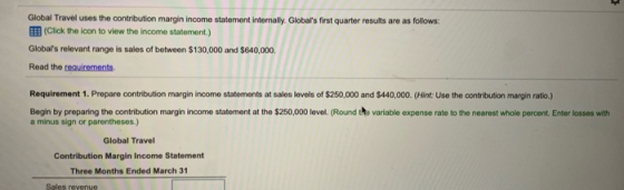 Global Travel uses the contribution margin income statement internally. Globals first quarter results are as follows: (Click