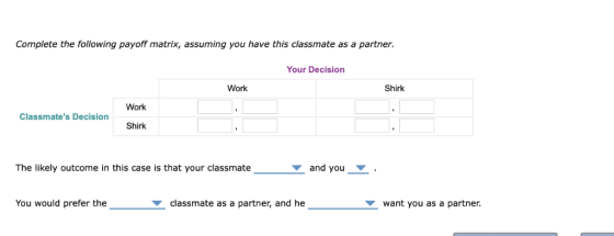 Complete the following payoff matrix, assuming you have this classmate as a partner. Your Decision Work Shirk Work Classmate