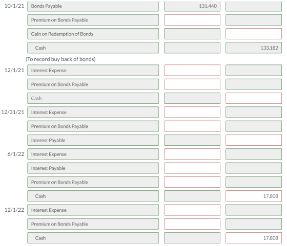 10/1/21 Bonds Payable 131,440 Premium on Bonds Payable Gain on Redemption of Bonds Cash 133,182 (To record buy back of bonds)