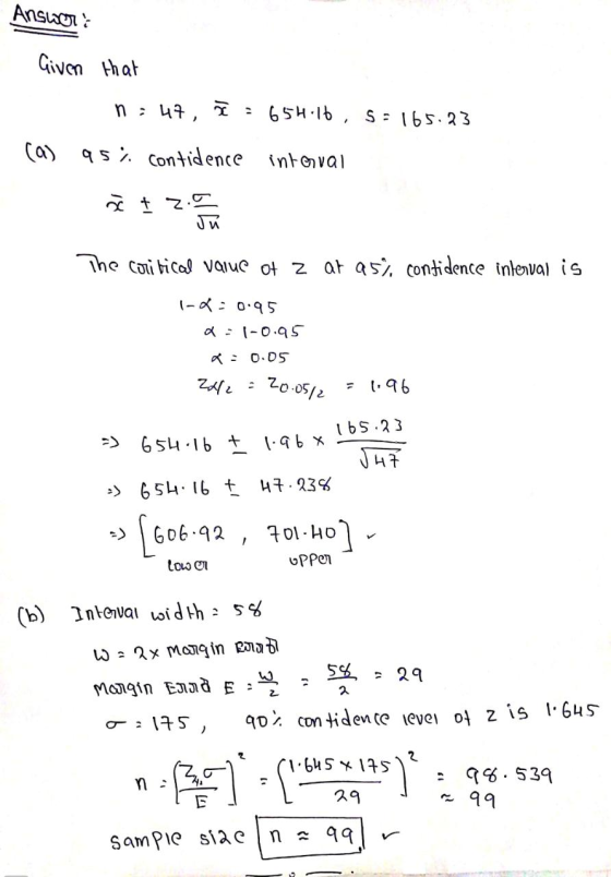 Answer Given that n : , : 65H:16 , : 168 33 ca) 95%. Contidence interval z † 2.c Ju 2. Ju The colitical value of z at a5% co