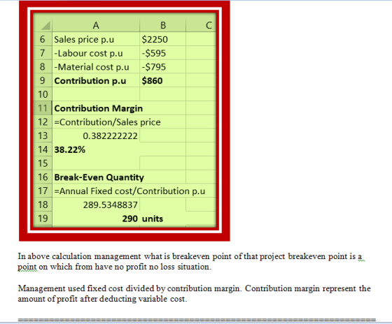 A B C 6 Sales price p.u $2250 7 -Labour cost p.u -$595 8 -Material cost p.u -$795 9 Contribution p.u $860 10 11 Contribution