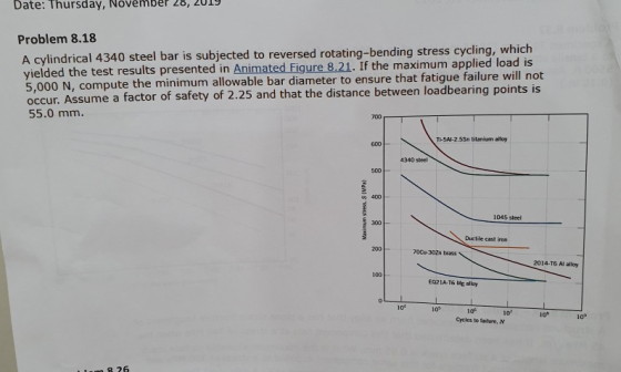 DUC. TUJU, NUVCHULI 20, 2013 Problem 8.18 A cylindrical 4340 steel bar is subjected to reversed rotating-bending stress cycli
