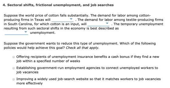 4. Sectoral shifts, frictional unemployment, and job searches Suppose the world price of cotton falls substantially. The dema