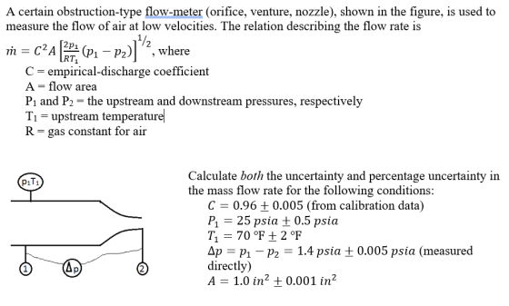 17. A certain obstruction-type flow-meter (orifice, venture, nozzle), shown in the figure, is used to measure the flow of air