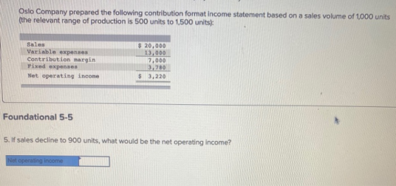 Oslo Company prepared the following contribution format income statement based on a sales volume of 1,000 units (the relevant