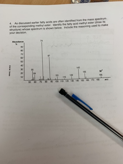 4. As discussed earlier fatty acids are often identified from the mass spectrum of the corresponding methyl ester. Identify t