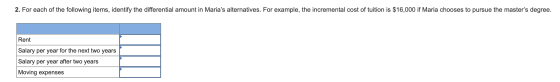 2. For each of the following items, identify the differential amount in Marias alternatives. For example, the incremental co