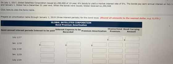 On July 1, 2017, Global Satellites Corporation issued $1,290,000 of 10-year, 6 % bonds to vield a market interest rate of 5%.