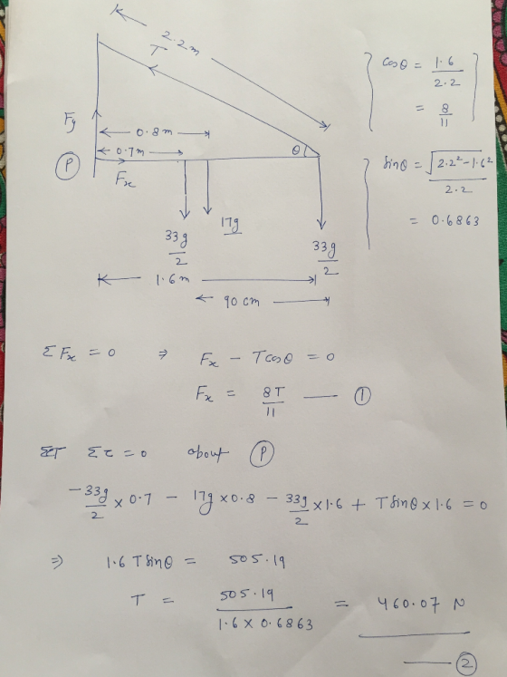 K 2.2m - Caso = 16 2.2 < 0.8m -- ko.im sino = = 2.2²-1.62 2.2 = 0.6863 333 2 K 1.6m - & 90cm - int { Fx = 0 Fx - Fx = Toso =