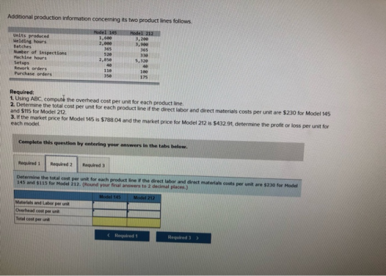 Additional production information concerning its two product lines follows. lode 145 1,600 2.000 Model 212 3,200 3,900 365 Un